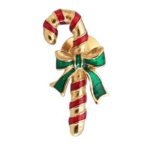 Avon Gold Tone Red Green Enamel Candy Cane Lapel Scatter Pin, Signed M355